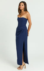 Avery Midi Dress - Strapless Draped Side Split Dress in Navy