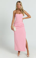 Avery Midi Dress - Strapless Draped Side Split Dress in Pink