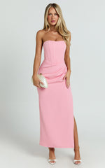 Avery Midi Dress - Strapless Draped Side Split Dress in Pink