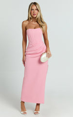 Avery Midi Dress - Strapless Draped Side Split Dress in Pink