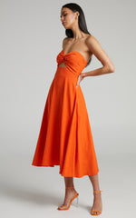 Avie Midi Dress - Twist Strapless Cocktail Dress in Orange