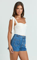 Avril Shorts - High Waisted Recycled Denim Patch Pocket Micro Shorts in Mid Blue Wash