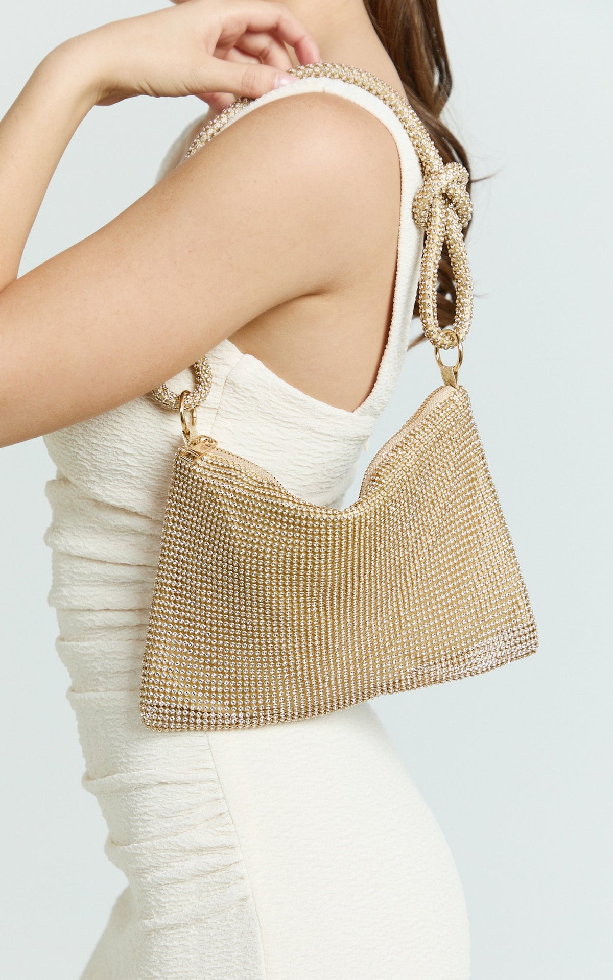 Azure Diamonte Knot Detail Bag in Gold