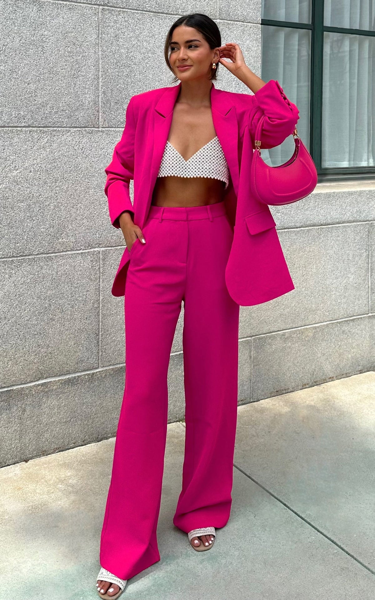 Bonnie Pants - High Waisted Tailored Wide Leg Pants in Pink