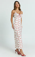 Bailey Midi Dress - Recycled Cherry Print Lace Trim Bias Cut Slip Dress in Blushing Cherries Print