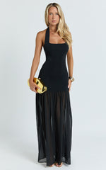 Barbara Maxi Dress - Halter Scoop Neck Contrast Georgette Dress in Black