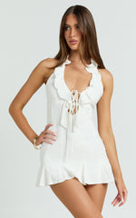 Barley Mini Dress - Ruffle Halter Tie Front Flounced Skirt Dress in White
