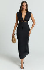 Beatrice Midi Dress - Plunge Neck Tie Cut Out Front Dress in Black
