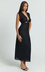 Beatrice Midi Dress - Plunge Neck Tie Cut Out Front Dress in Black
