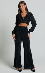 Beca Pants - High Waisted Plisse Flared Pants in Black