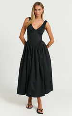 Beckett Midi Dress - Scoop Neck Drop V Waist Gathered Skirt Dress in Black