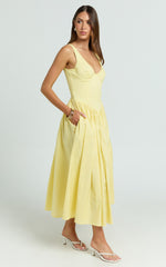 Beckett Midi Dress - Scoop Neck Drop V Waist Gathered Skirt Dress in Butter Yellow