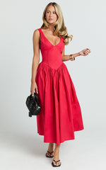 Beckett Midi Dress - Scoop Neck Drop V Waist Gathered Skirt Dress in Red