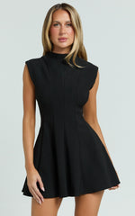 Becky Mini Dress - High Neck Sleeveless Fit And Flare Dress in Black