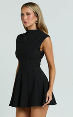 Becky Mini Dress - High Neck Sleeveless Fit And Flare Dress in Black