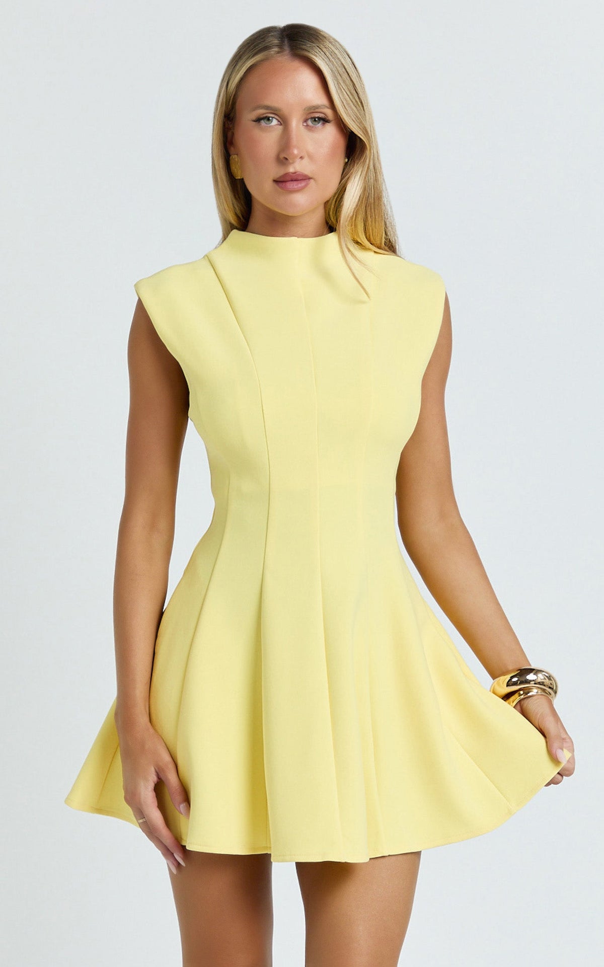 Becky Mini Dress - High Neck Sleeveless Fit And Flare Dress in Lemon