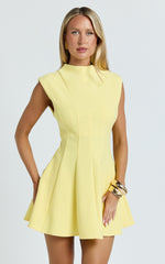 Becky Mini Dress - High Neck Sleeveless Fit And Flare Dress in Lemon