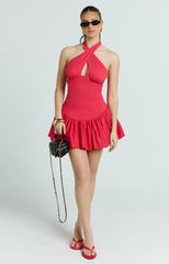 Belle Mini Dress - Keyhole Halter Top Dress in Red