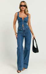 Bellerose Top - Front Zip Denim Fitted Top in Dark Blue Wash