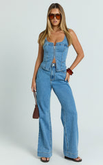 Bellerose Top - Front Zip Denim Fitted Top in Mid Blue