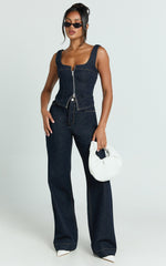 Bellerose Top - Front Zip Denim Fitted Top in Raw Denim with Tobacco Stitch