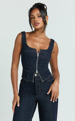 Bellerose Top - Front Zip Denim Fitted Top in Raw Denim with Tobacco Stitch