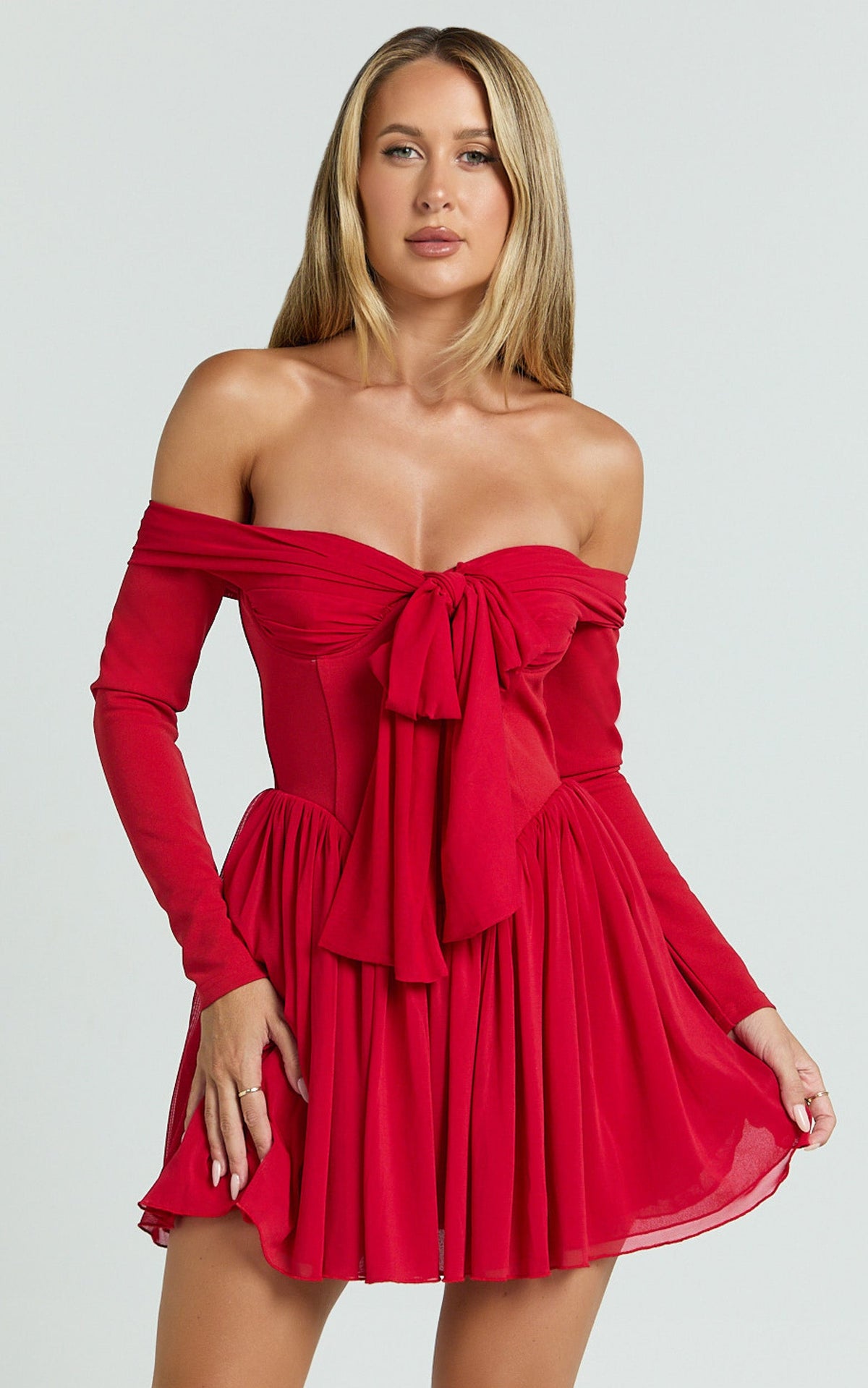 Bennett Mini Dress - Off Shoulder Long Sleeve V Waist Dress in Red