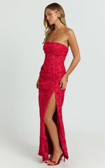 Berri Maxi Dress - Strapless Jacquard High Split Dress in Red