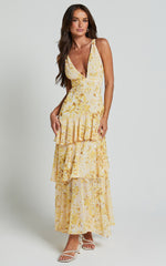 Beryl Midi Dress - Deep V Neck Sleeveless Layered Dress in Yellow Floral