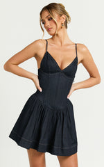 Betchie Mini Dress - Neck Strappy Drop Waist Gathered Skirt Denim Dress in Dark Raw Denim