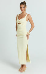 Bianca Midi Dress - Twist Front Cut Out Ruched Dress in Lemon