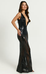 Bibi Maxi Dress - Sequin Plunge Neck Low Back Dress in Black