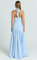 Bijou Maxi Dress - Embroidery Deep V Halter Ruched Dress in Ice Blue