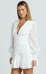 Bijou Mini Dress - Embroidery Long Sleeve Dress in White