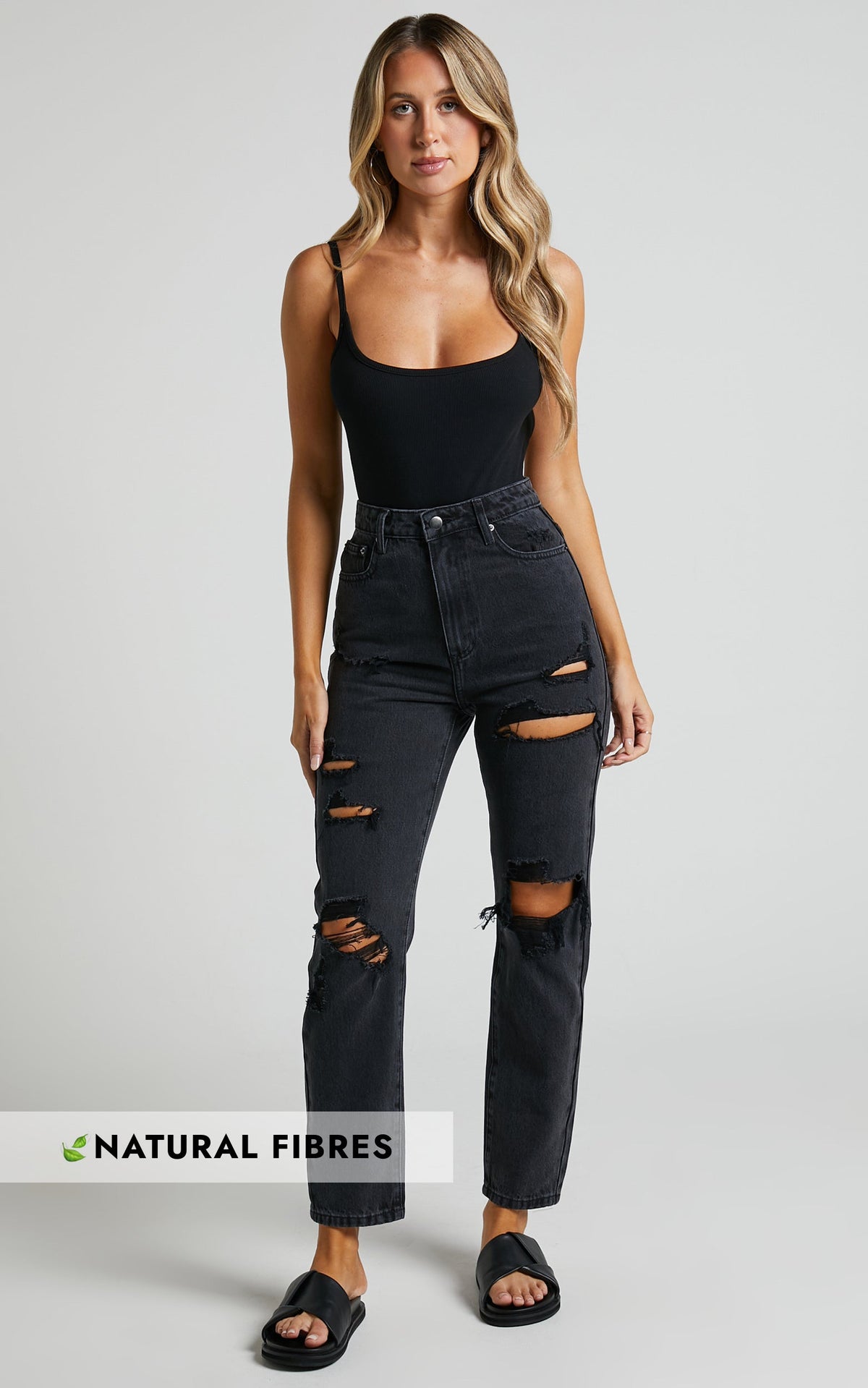 Billie Jeans - High Waisted Cotton Distressed Mom Denim Jeans in Black Wash