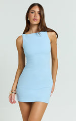 Bindi Boat Neck Bodycon Mini Dress in Blue