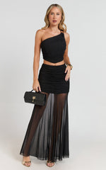 Bindi Maxi Skirt - Asymmetric Contrast Jersey Leg Split Skirt in Black