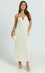 Blaire Midi Dress - Strappy Ruched Front Column Fitted Textured Jersey Dress in Off White