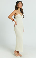 Blaire Midi Dress - Strappy Ruched Front Column Fitted Textured Jersey Dress in Off White