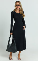 Blaire Midi Dress - Long Sleeve Tie Back Flare Dress in Black
