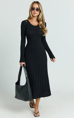 Blaire Midi Dress - Long Sleeve Tie Back Flare Dress in Black