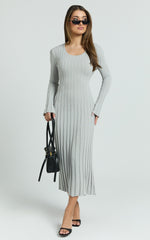 Blaire Midi Dress - Long Sleeve Tie Back Flare Dress in Grey Marle