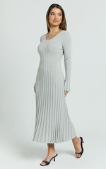 Blaire Midi Dress - Long Sleeve Tie Back Flare Dress in Grey Marle