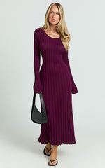 Blaire Midi Dress - Long Sleeve Tie Back Flare Dress in Wine
