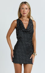 Blanca Mini Dress - Cowl Neck Bias Cut Dress in Black Polka Dot