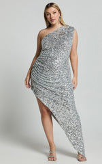 Blanchett Midi Dress - Sequin One Shoulder Gathered Asymmetric Midi Dress in Silver