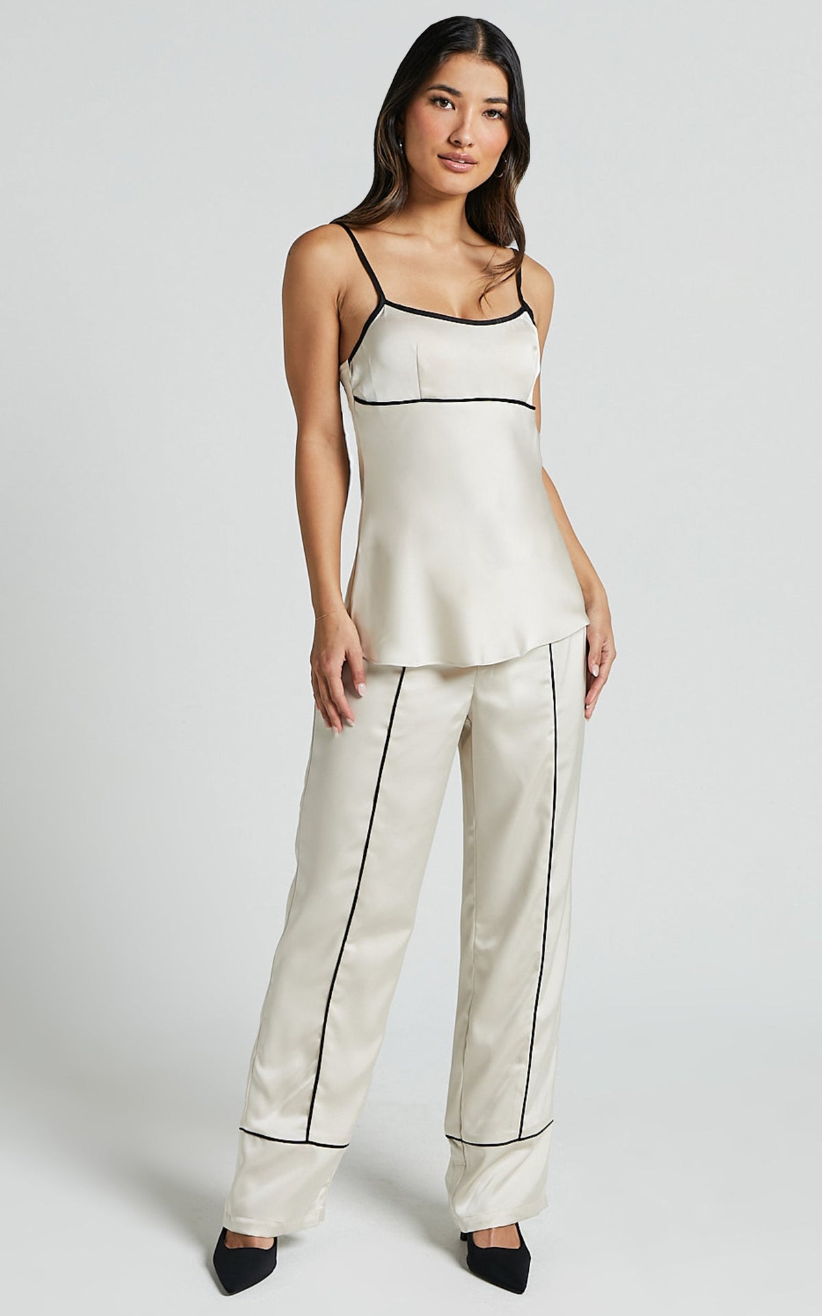 Bobbie Pants - High Waist Contrast Piping Pants in Oyster