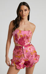 Brailey Shorts - Frill Hem Shorts in Pink Jacquard