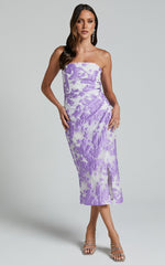 Brailey Midi Dress - Thigh Split Strapless Dress in Purple Jacquard