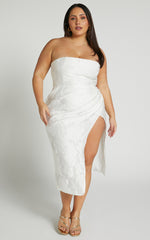 Brailey Midi Dress - Thigh Split Strapless Dress in White Jacquard